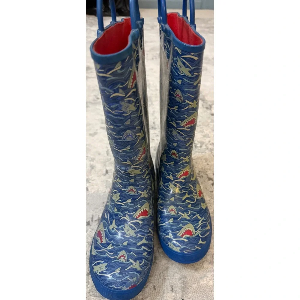 LL Bean Kids Shark Print Rain Boots Blue Rubber Pull On Waterproof Size 3